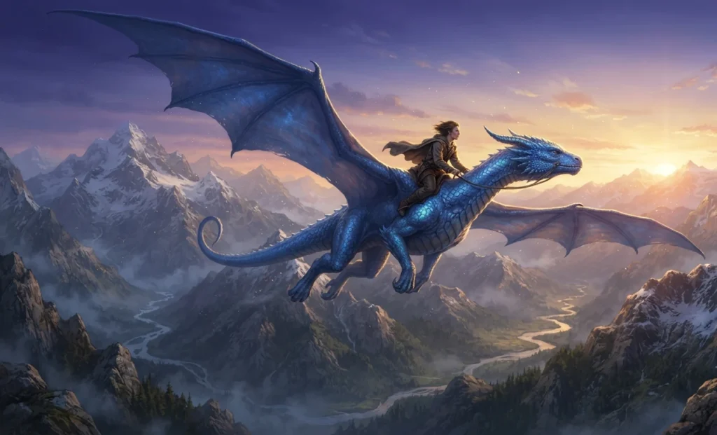 Eragon riding the dragon Saphira through the sky.