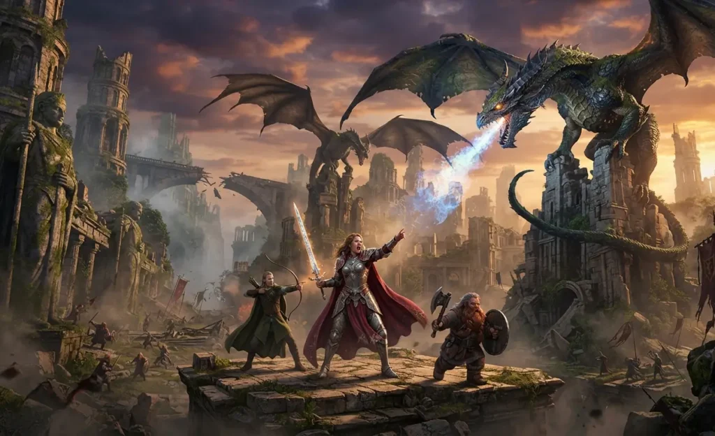 Heroes battling dragons in an epic fantasy realm.