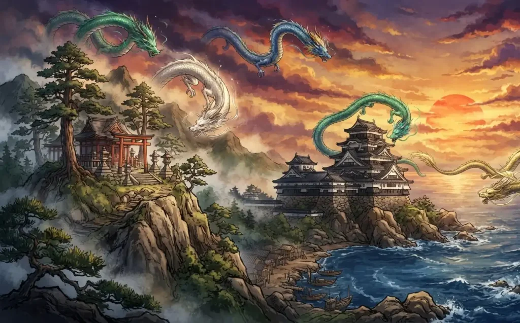 Japanese dragons flying across legendary landscapes.