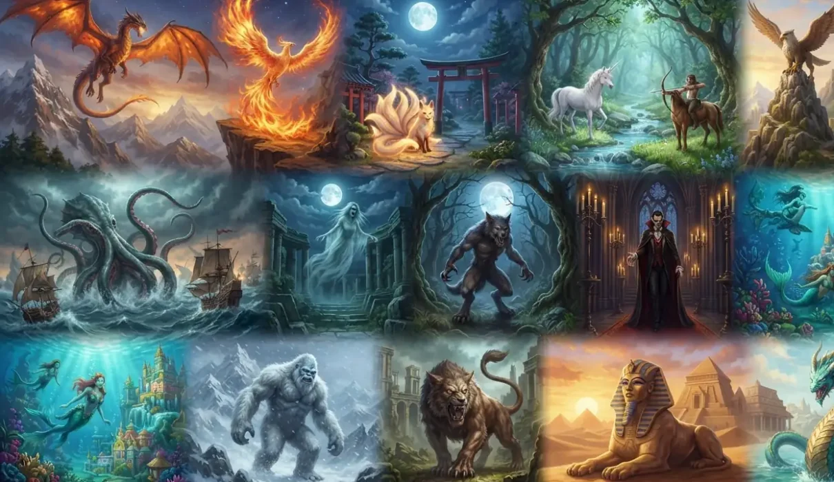 Collection of iconic fantasy creatures from world mythology.
