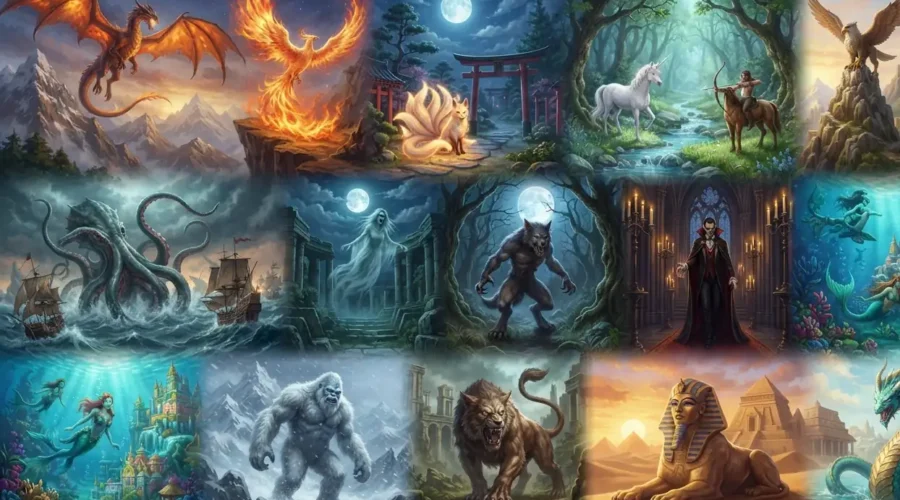 Collection of iconic fantasy creatures from world mythology.