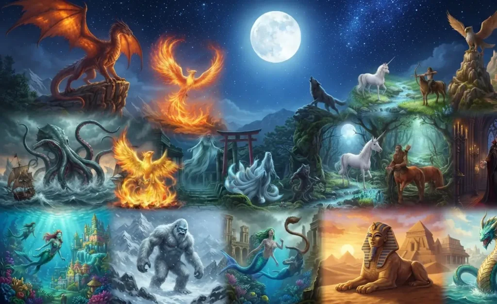 Legendary fantasy creatures assembled in one magical scene.