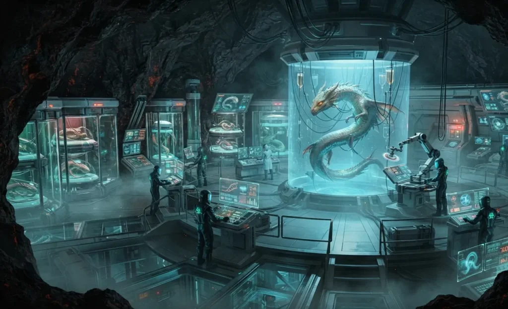Scientists creating dragon-like creatures in a laboratory.