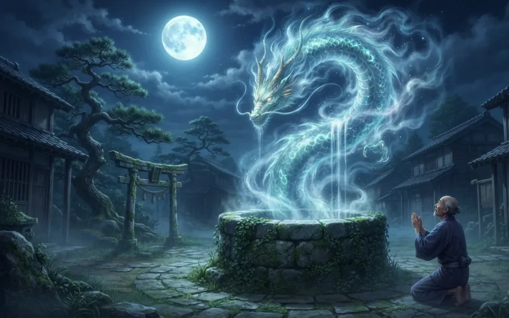 Dragon spirit rising from an ancient well.