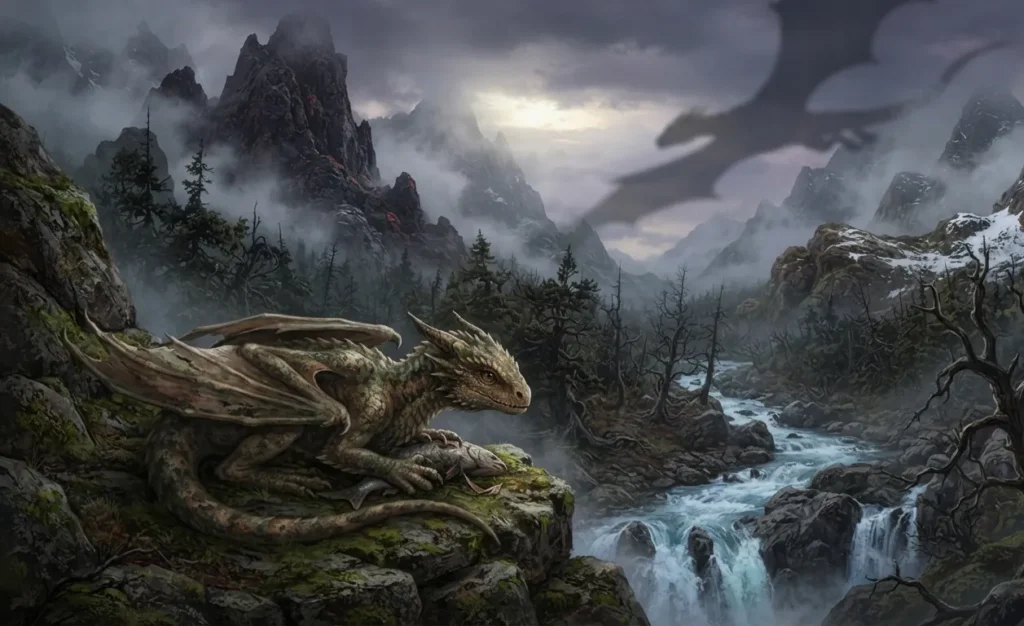 Young dragon exploring a harsh fantasy landscape.