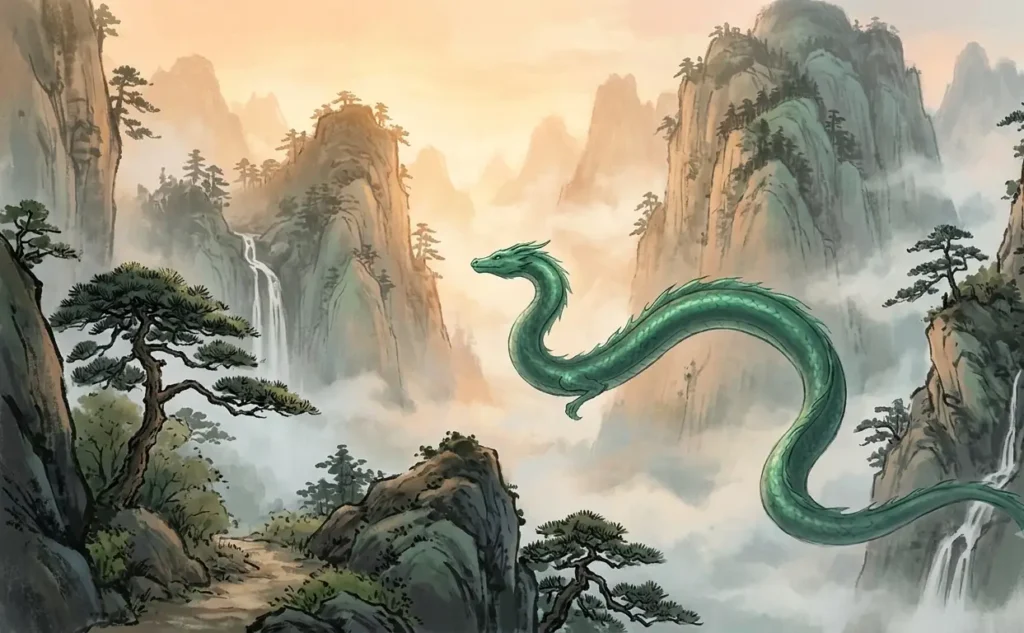 Hornless dragon moving through mountain fog.