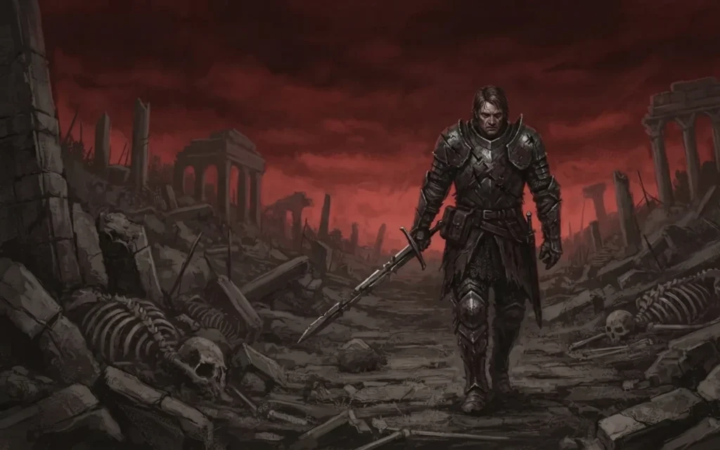 Dark fantasy warrior crossing a devastated landscape.