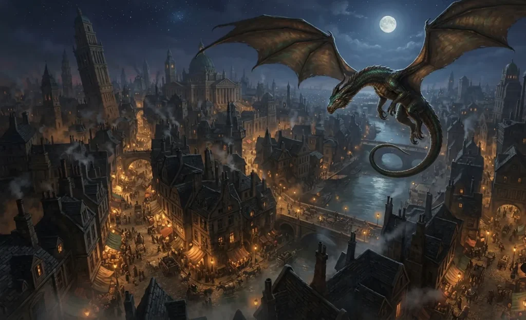 Dragon flying over the city of Ankh Morpork.