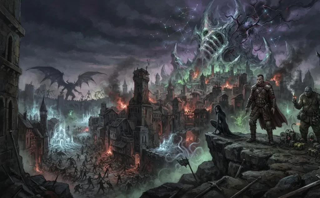 Epic fantasy battlefield filled with magic and ancient powers.