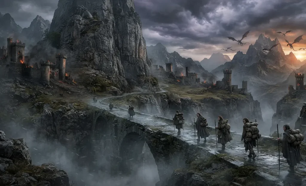 Adventurers traveling along the Dragon's Path.