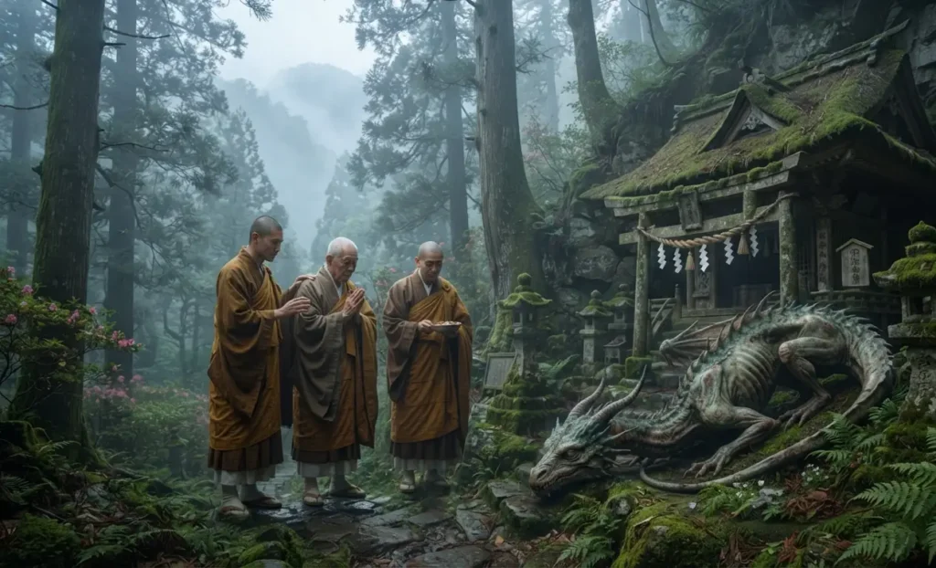 Monks facing a hungry dragon near an ancient temple.