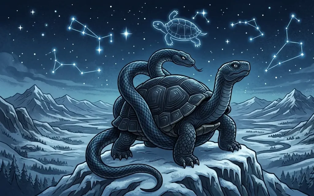 Hyeonmu appearing as a tortoise and serpent guardian.
