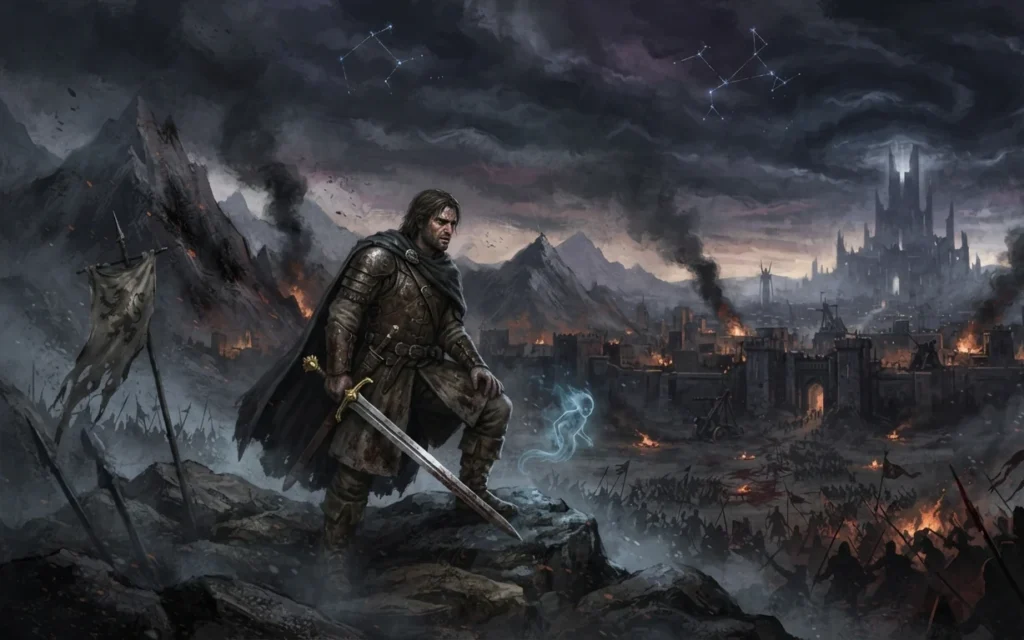 Hero facing monstrous enemies in a harsh wilderness.