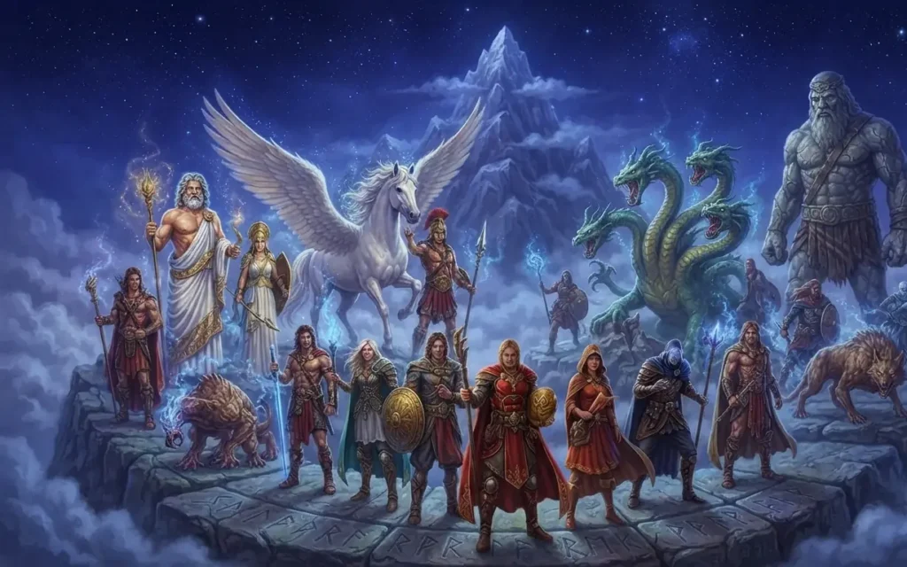Mythological figures standing in a legendary world.
