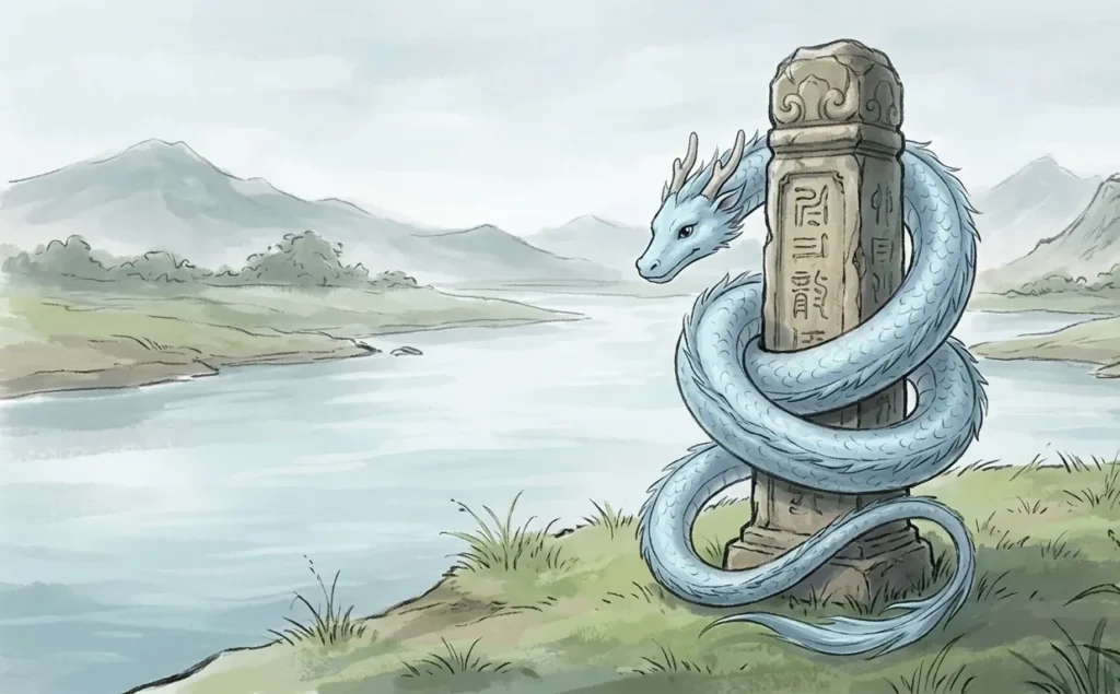 Young coiled dragon resting near a riverbank.