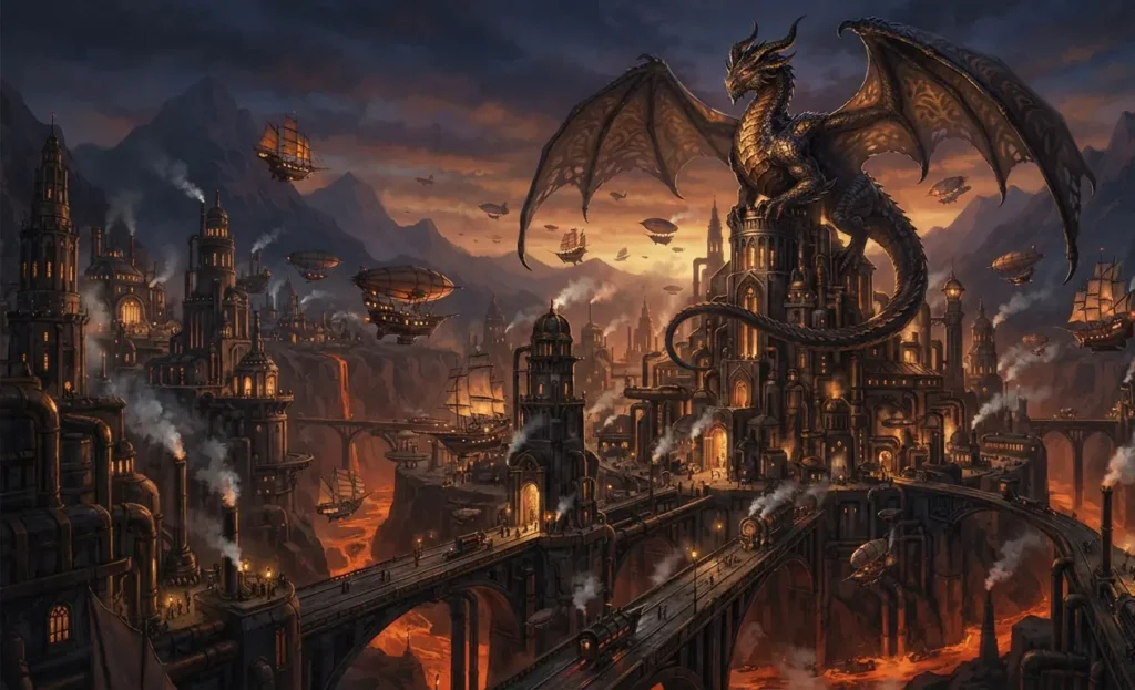 Dragon overlooking a magical industrial city.