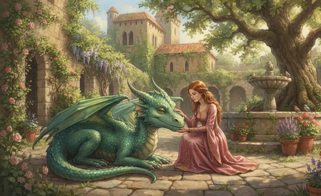 Princess standing beside an unconventional dragon.