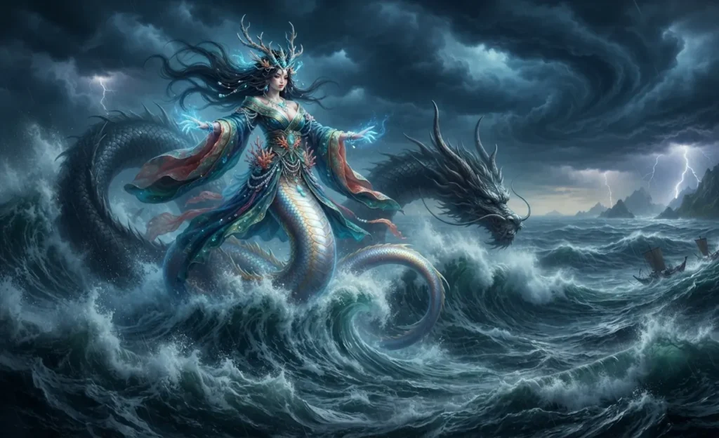 Toyotama-hime creating a violent storm at sea.