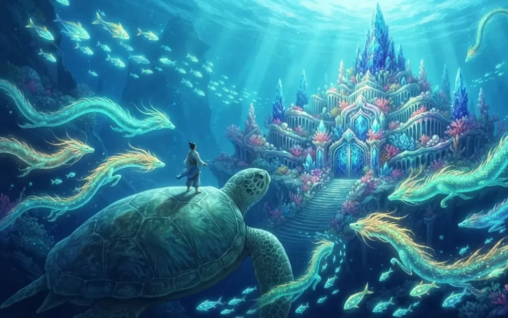 Urashima Taro arriving at the Dragon Palace.