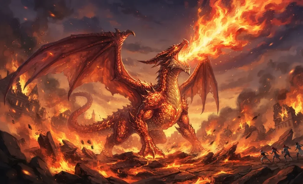 Igneel surrounded by blazing fire.
