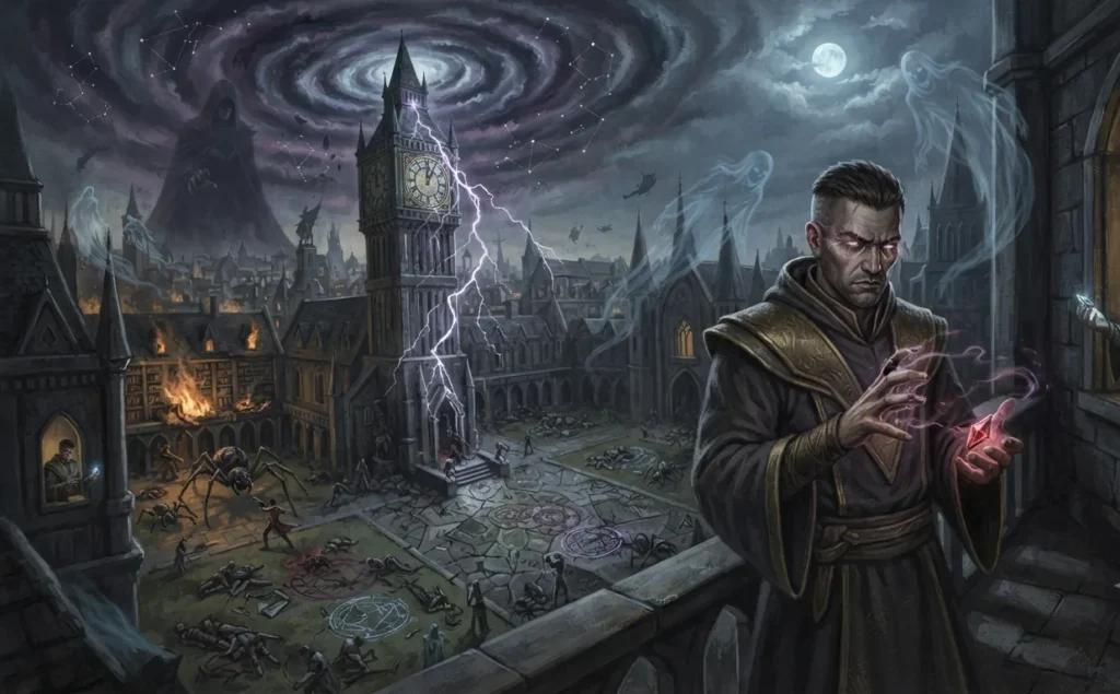 Mage studying powerful magic within a time loop.