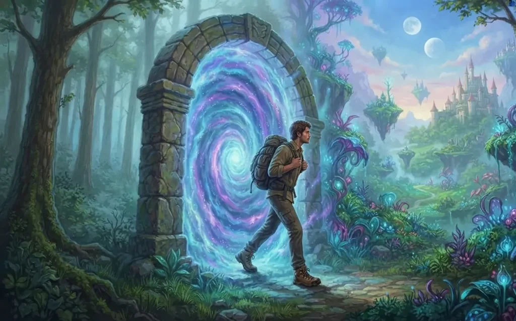 Person entering a fantasy world through a magical portal.