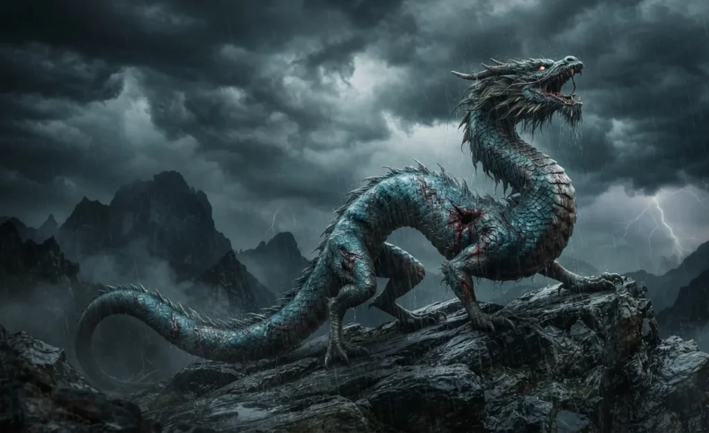 Immortal dragon surviving despite grave injuries.