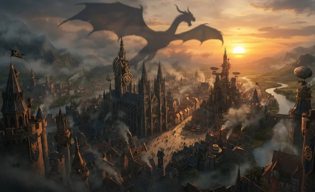 Dragon overlooking an alternate historical empire.