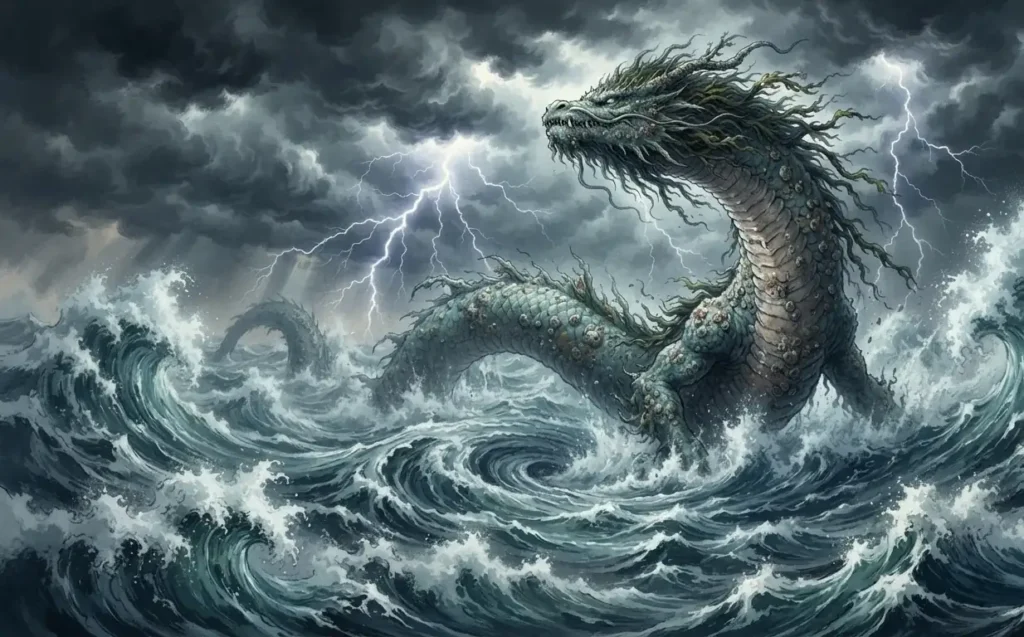 Watatsumi emerging from the depths of the sea.