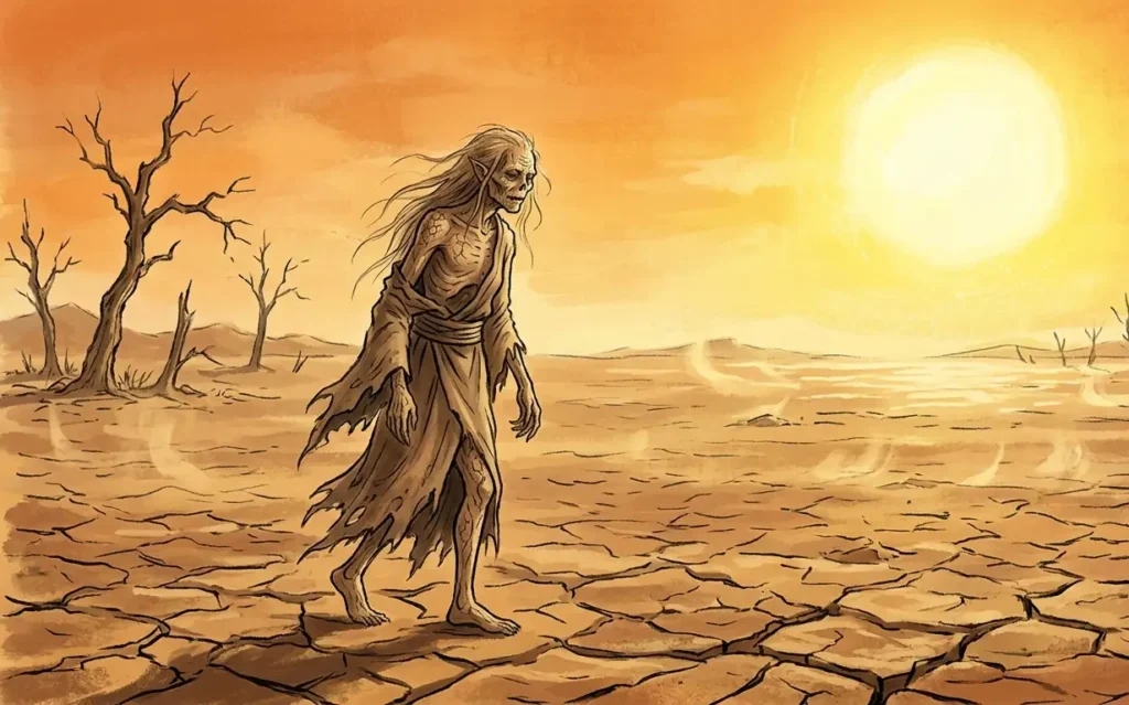 Mythological drought creature walking across parched earth.