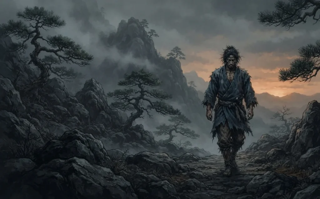 Susanoo beginning his exile from Heaven.