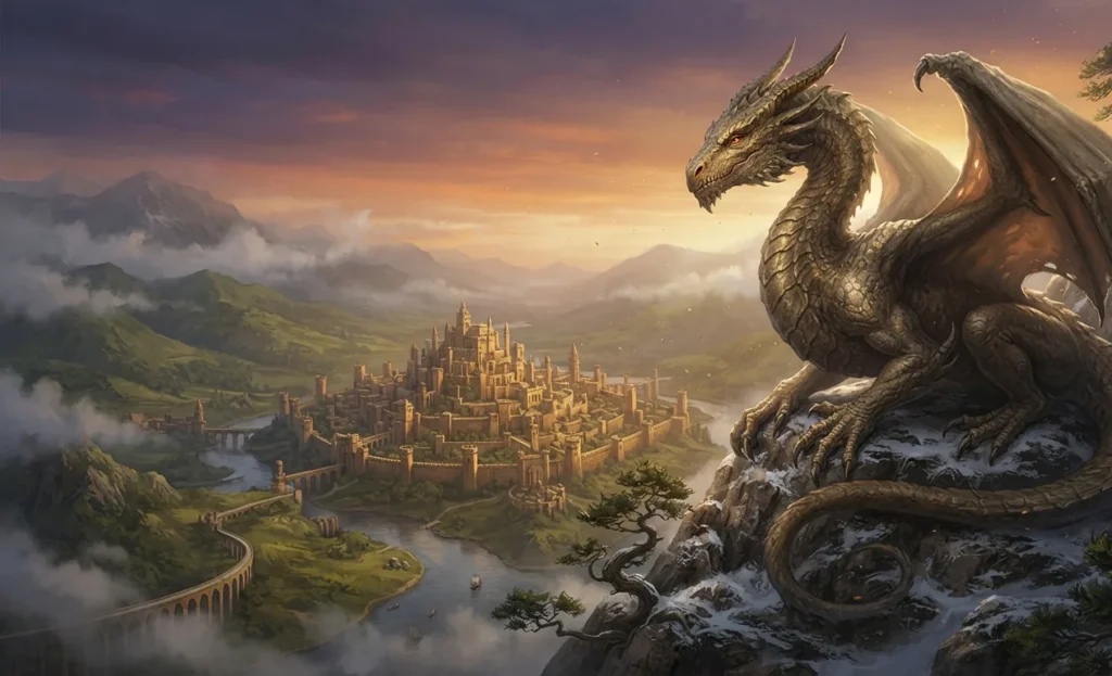 Dragon overlooking a medieval kingdom.