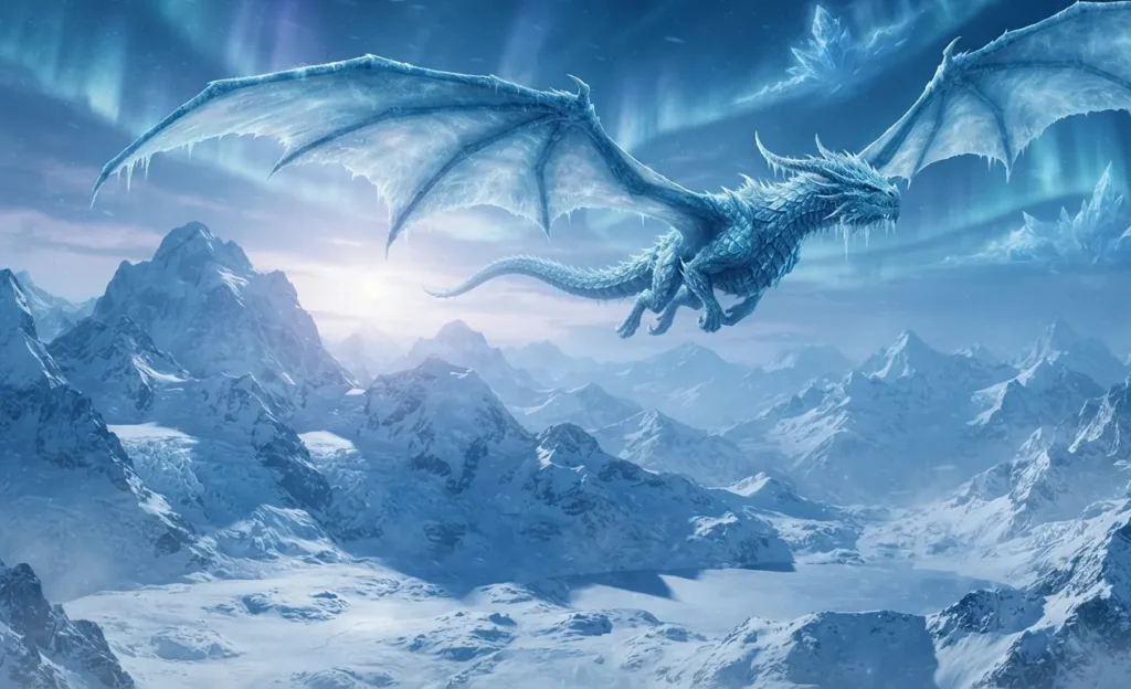Ice dragon flying across a frozen landscape.