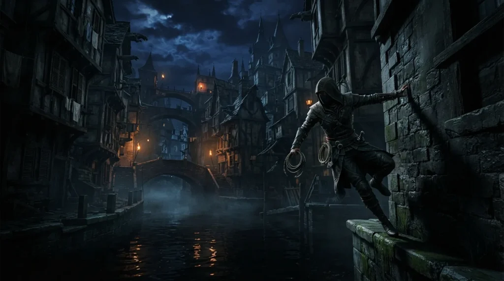 Thief navigating a fantasy city's streets.