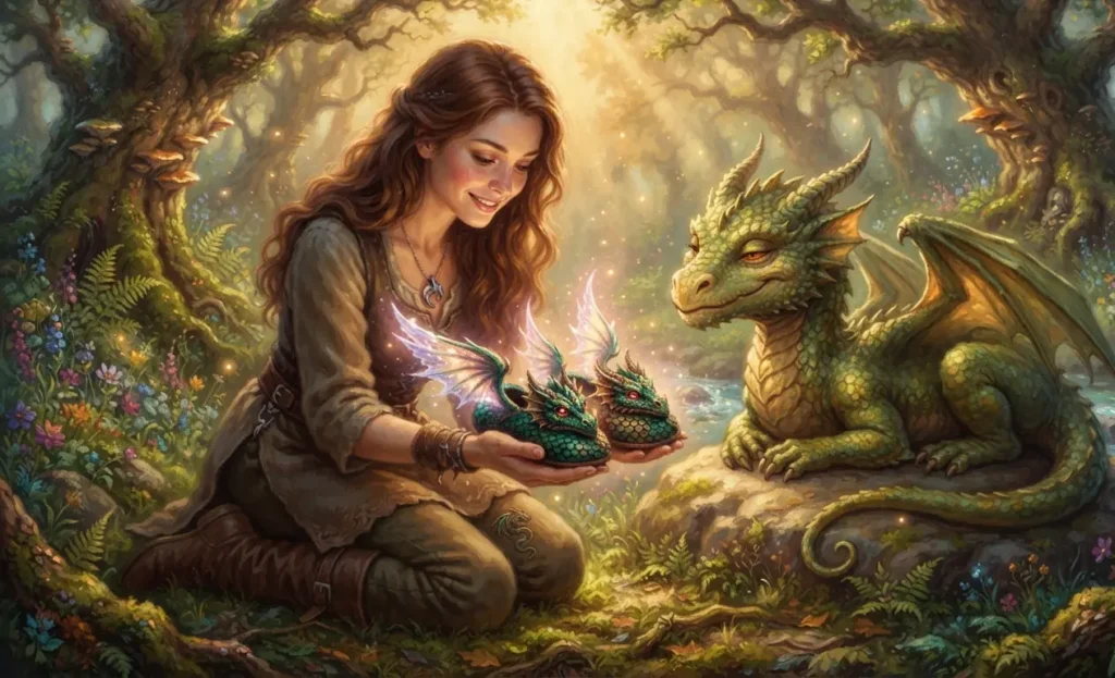 Girl with enchanted slippers and a dragon.