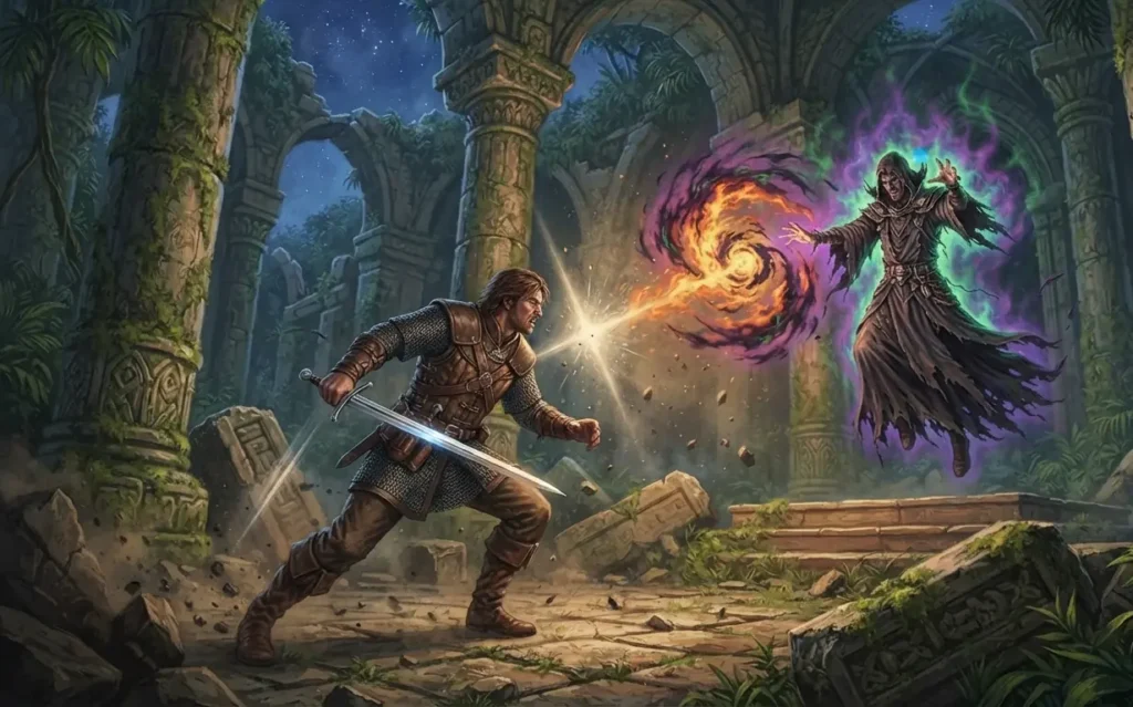 Warrior confronting a sorcerer in forgotten ruins.