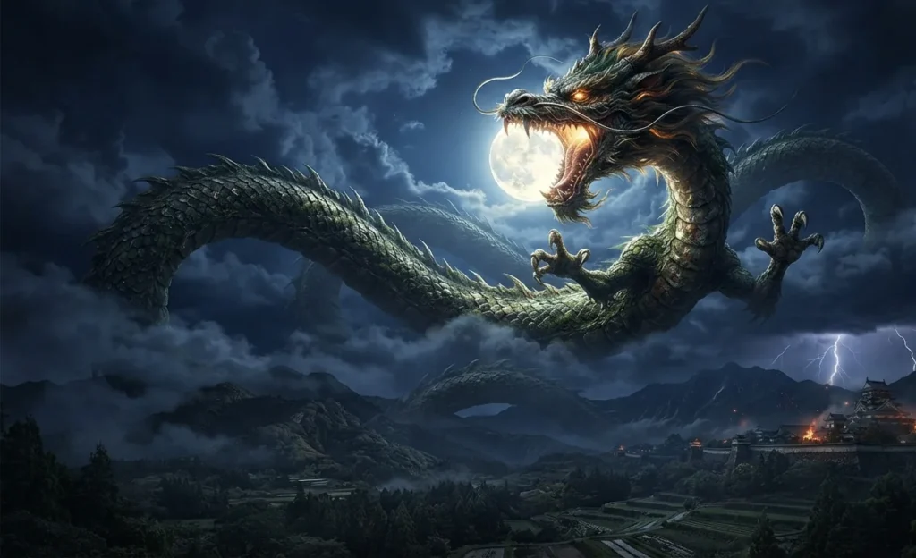 Dragon swallowing the moon in a dark sky.