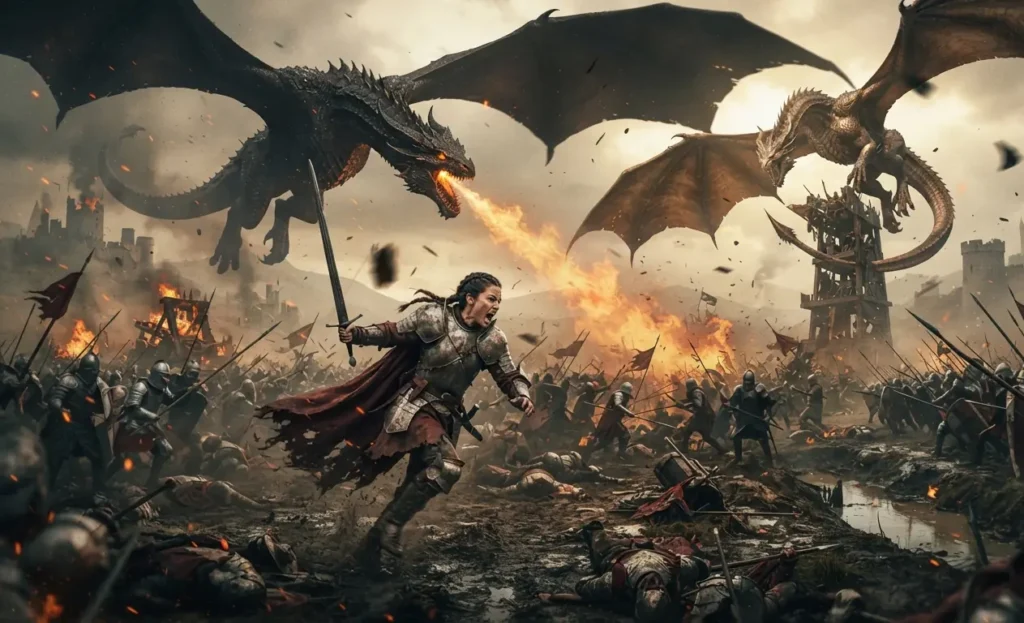 Warrior fighting beneath powerful dragons.