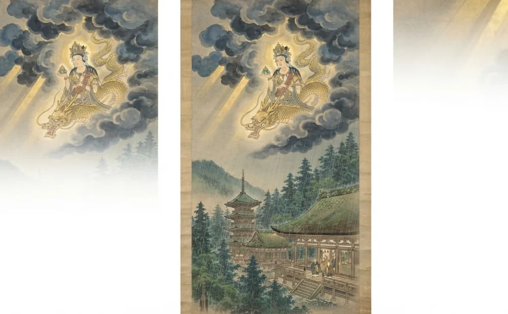 Buddhist rain dragon bringing life-giving rainfall.