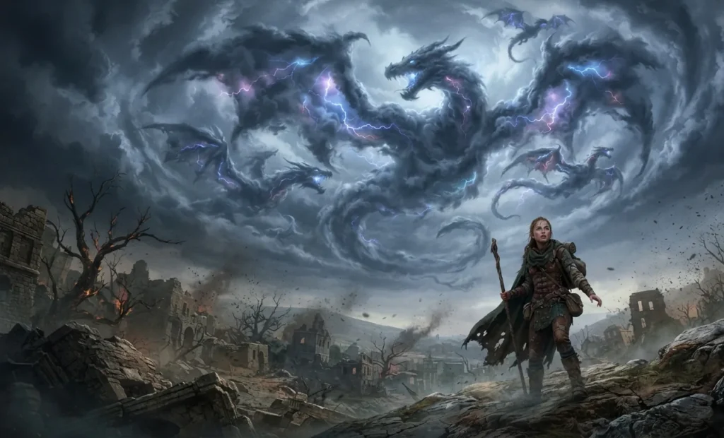 Hero facing dragon-shaped storm clouds.