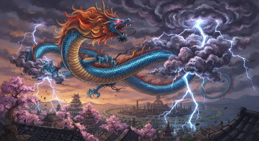 Kaido transformed into a colossal azure dragon.