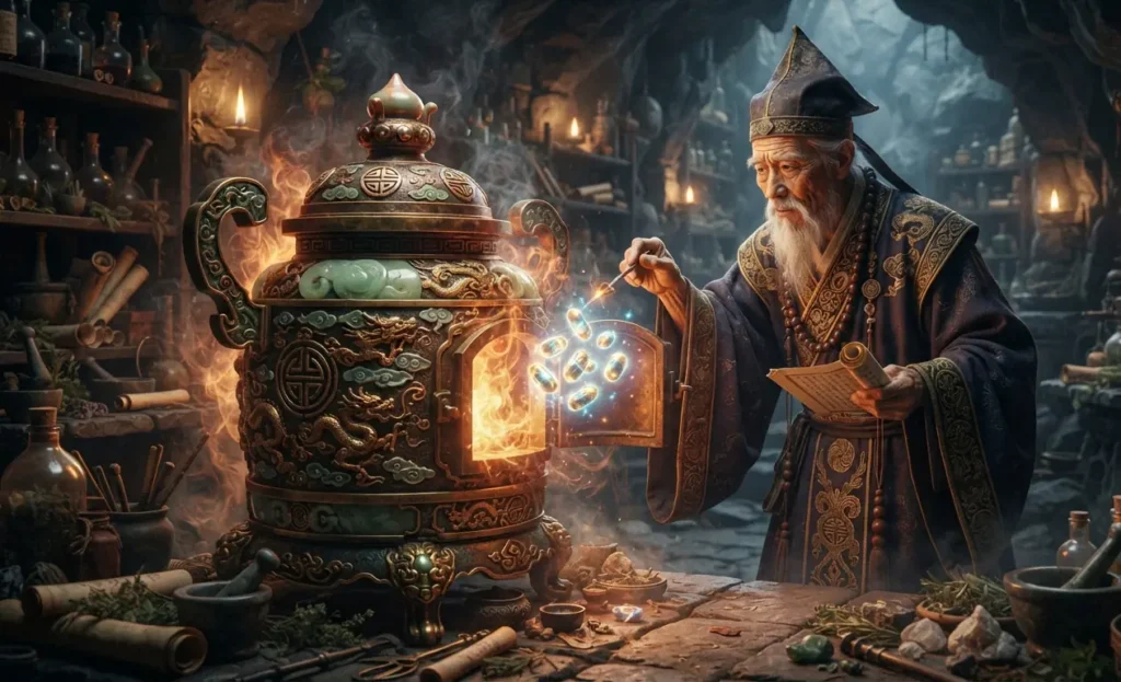 Daoist alchemist creating powerful cultivation pills.