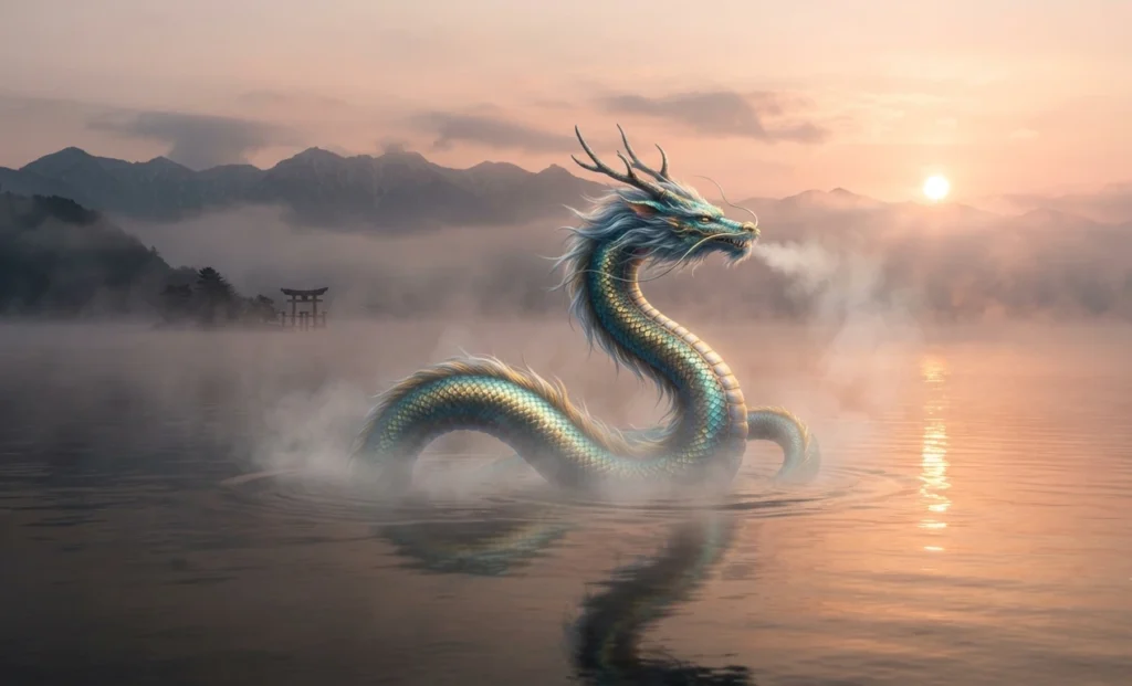 Dragon rising from the waters of Lake Suwa.