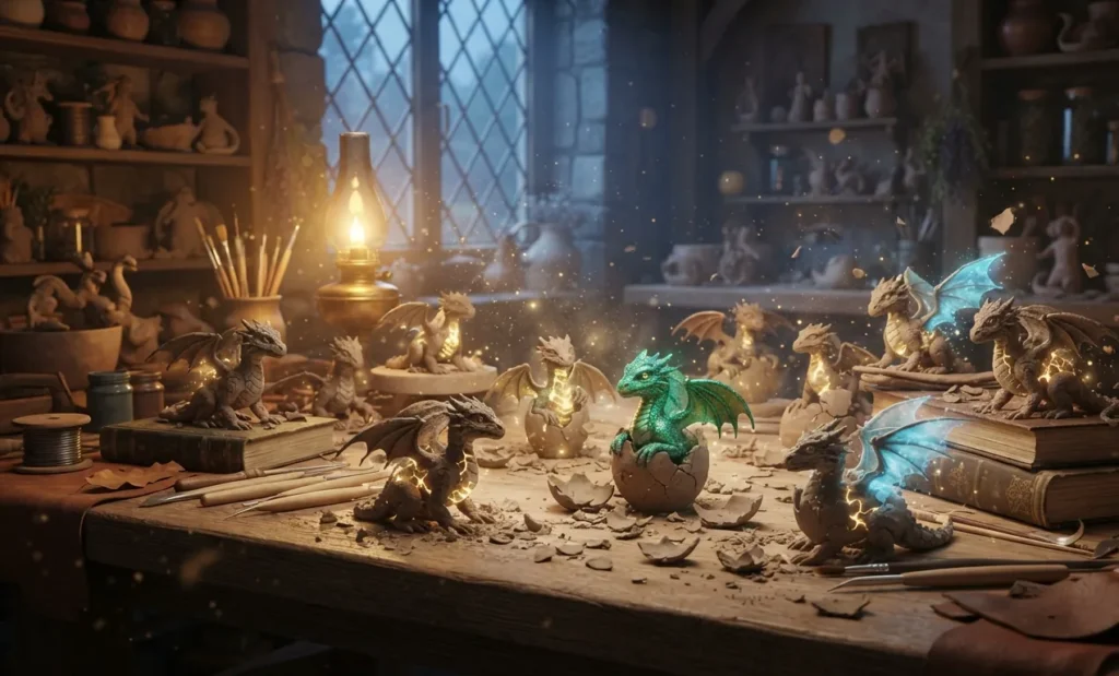 Magical clay dragons coming to life.