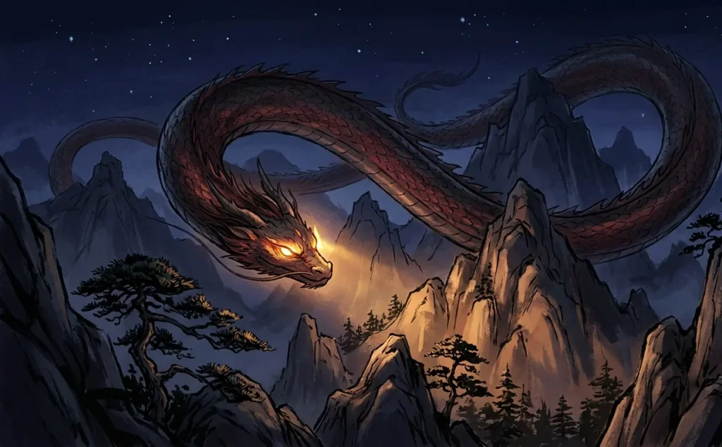 Torch serpent lighting the landscape with its presence.