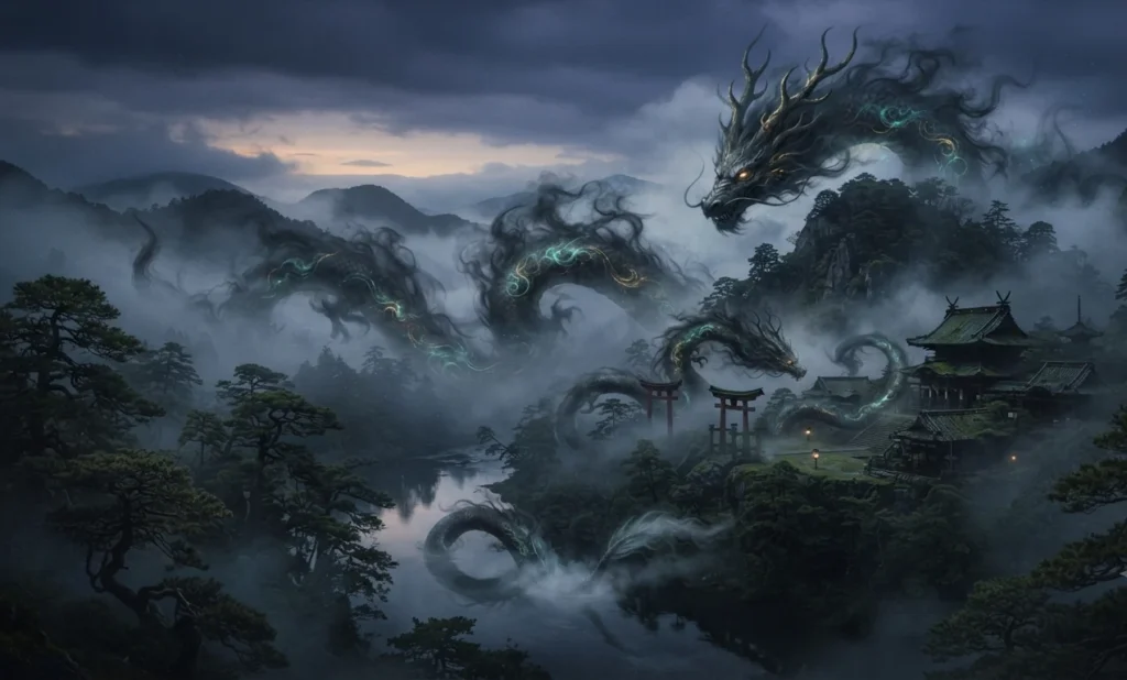 Japanese dragons disappearing into shadowy landscapes.
