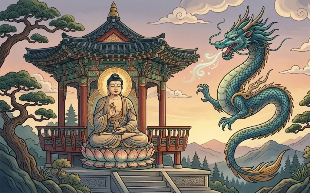 Dragon appearing beside the future Buddha Mireuk.