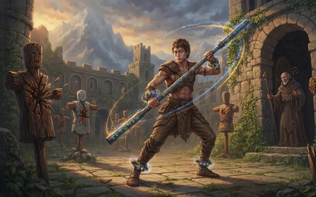 Fantasy protagonist advancing through structured growth.