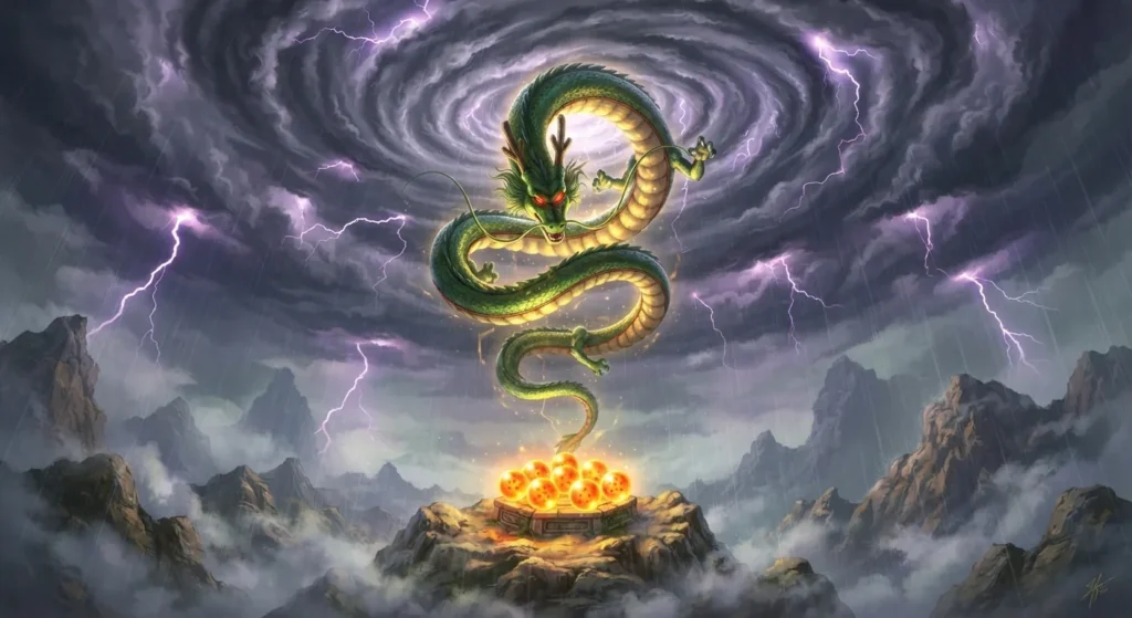 Shenron appearing after the Dragon Balls are gathered.