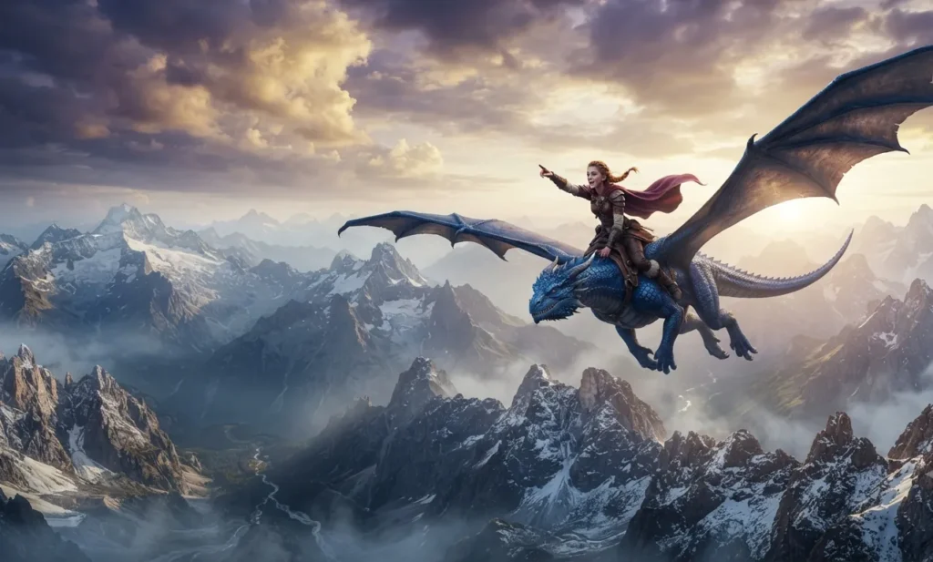 Dragon rider flying through mountainous terrain.